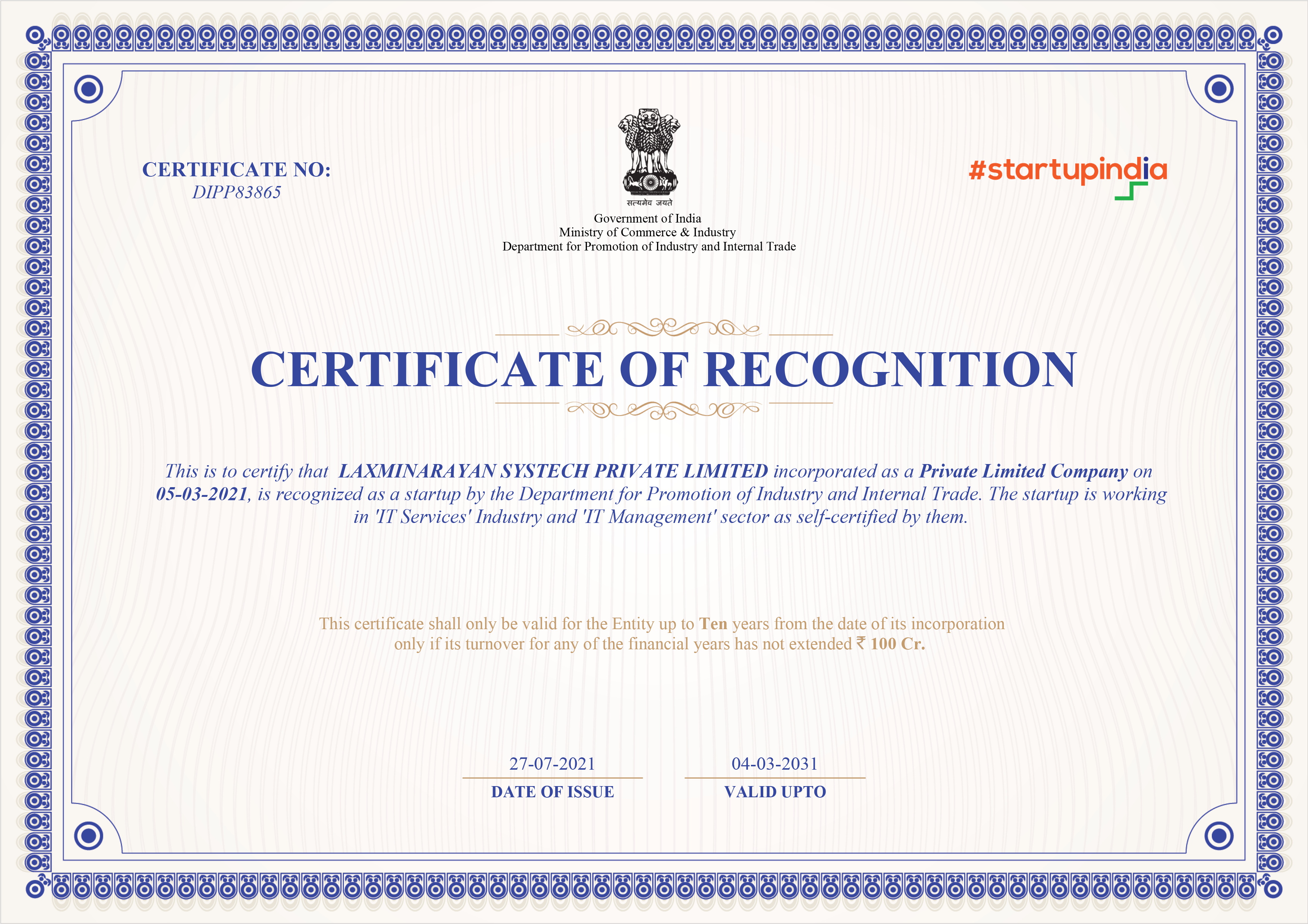 Startup Certificate